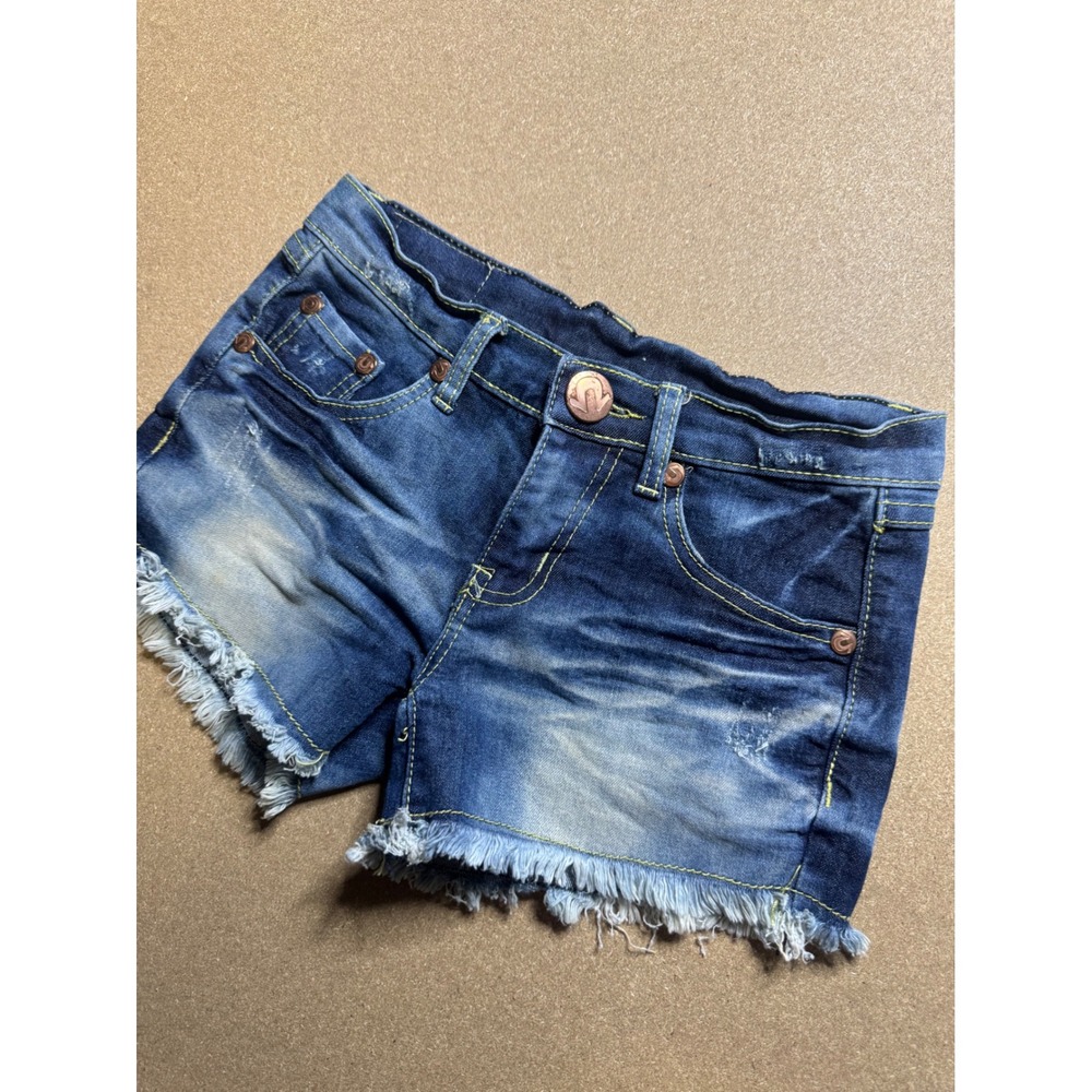 True Religion‎ Denim Shorts Frayed Blue Wash Distressed Pockets Size 26